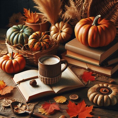 A cozy autumn scene with pumpkins, leaves, and a warm drink