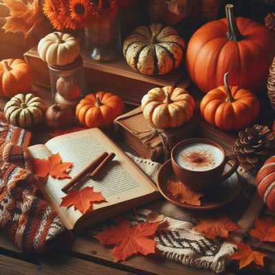 A cozy fall scene with pumpkins, a book, and a cup of coffee
