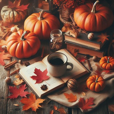 A cozy autumn scene with pumpkins, coffee, and a book