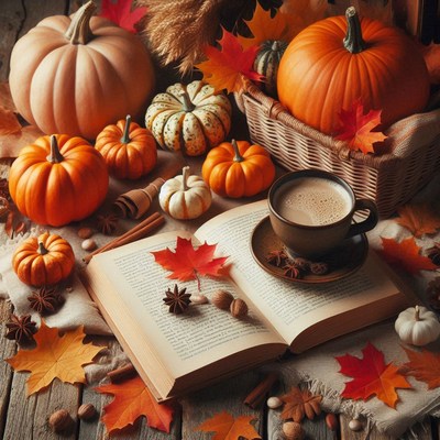 Cozy autumn: pumpkins, leaves, and warm drinks