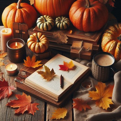 A cozy autumn scene with pumpkins, candles, and an open book
