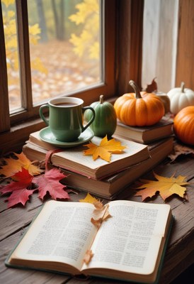 Cozy autumn window with tea, books, and pumpkins