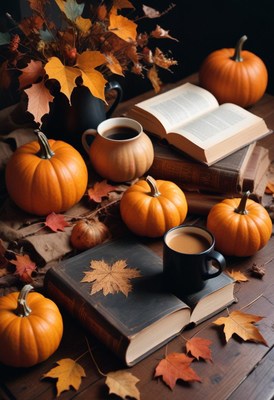 Cozy fall morning with pumpkins, books, and coffee