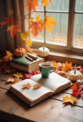 A cozy autumn day with a book, coffee, and pumpkins