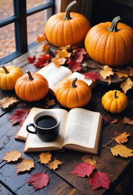 Cozy autumn with pumpkins, leaves, and coffee