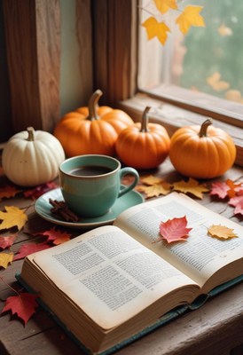 A cozy autumn scene with pumpkins, coffee, and an open book