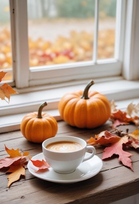 A cup of coffee with fall foliage and pumpkins