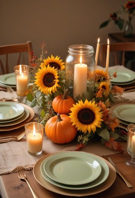 A fall table setting with sunflowers, pumpkins, and candles