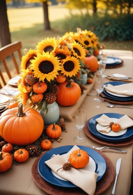 Fall table with sunflowers, pumpkins, blue plates