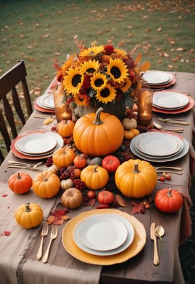 A fall-themed table setting with pumpkins and sunflowers