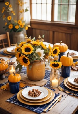 Rustic fall table with sunflowers, pumpkins, candles