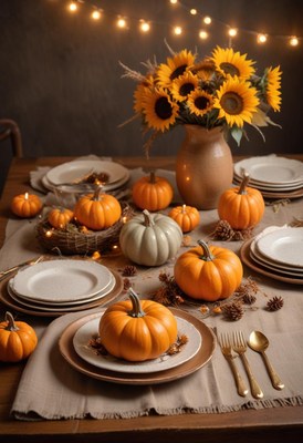 A festive fall table setting with pumpkins and sunflowers