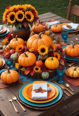 A festive fall table setting with pumpkins and sunflowers
