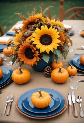A fall table setting with sunflowers and pumpkins