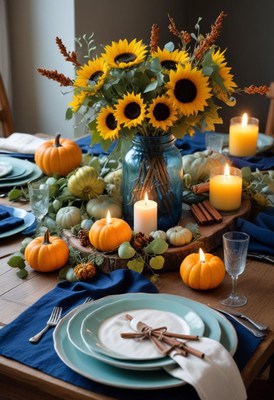 A rustic fall table setting with sunflowers and pumpkins
