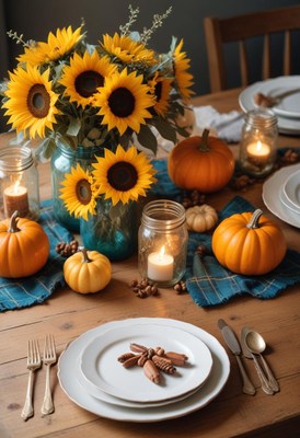 Rustic table with sunflowers, pumpkins, and candles