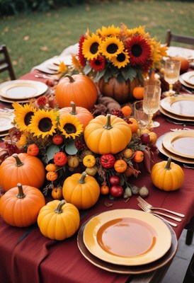 A festive autumn table setting with pumpkins and sunflowers