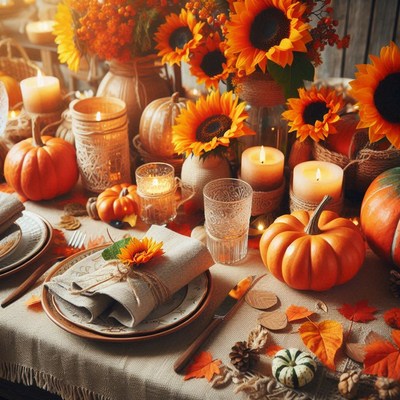 A close-up view of a table set for a fall dinner