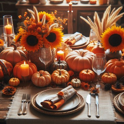 A fall table setting with pumpkins, sunflowers, and candles