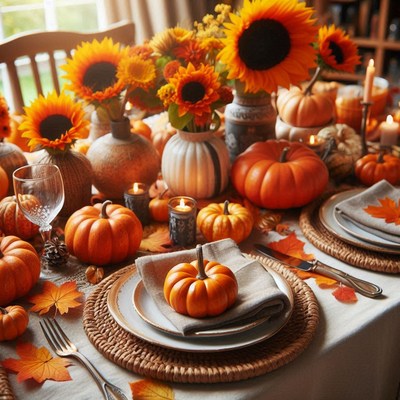 A fall table setting with pumpkins and sunflowers