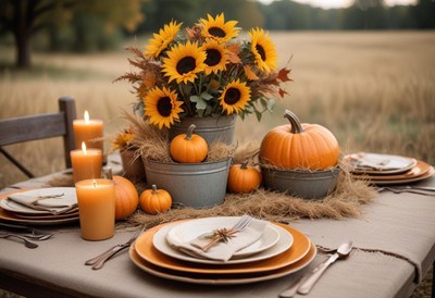 A fall table setting with sunflowers and pumpkins