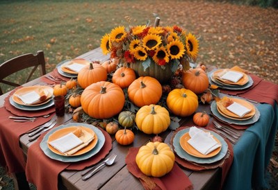 A fall-themed table setting with pumpkins and sunflowers