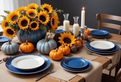 A fall table setting with sunflowers and pumpkins
