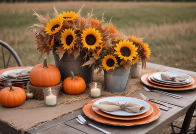 A rustic fall table setting with sunflowers and pumpkins