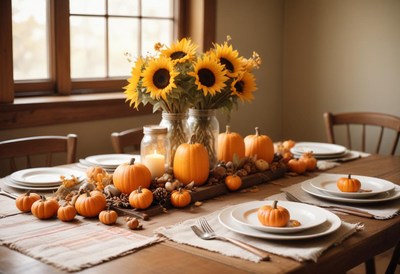 A fall table setting with pumpkins and sunflowers