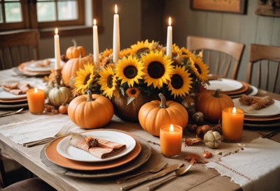 Rustic table with sunflowers, pumpkins, and candles