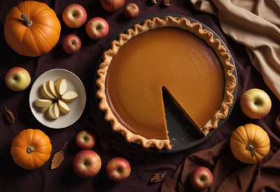 Pumpkin pie on a table with apples and pumpkins