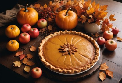 Pumpkin pie on a table with fall decor