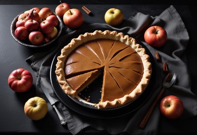 Pumpkin pie on dark backdrop with apples and cinnamon