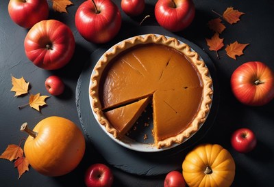 A whole pumpkin pie sits on a black surface