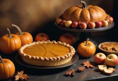A fresh pumpkin pie sits on a table with pumpkins and apples