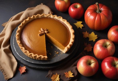 Pecan pie with a slice gone on a slate plate