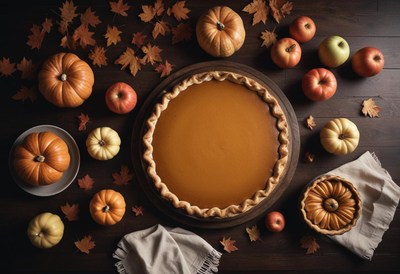 A whole pumpkin pie is displayed on a dark wooden table