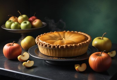 A freshly baked apple pie sits on a table with apples