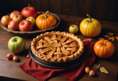 Apple pie on a table with pumpkins and apples