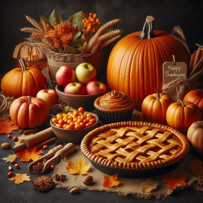A thanksgiving table with pie, pumpkins, and apples