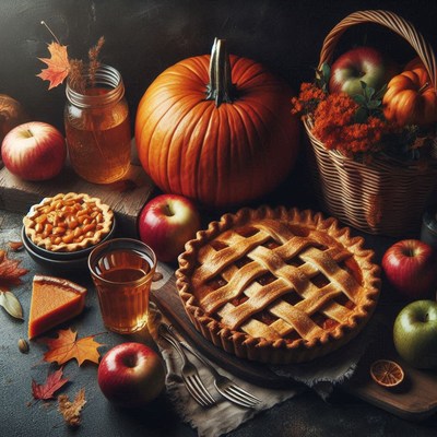 Rustic autumn table with apple pie and pumpkins