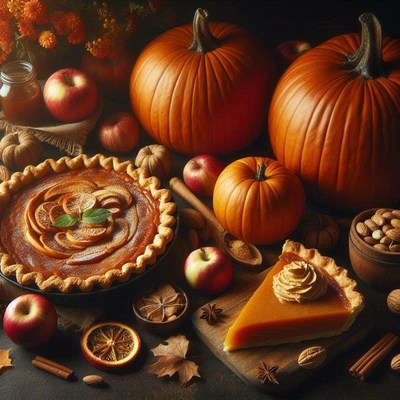 A pumpkin pie sits beside pumpkins and apples