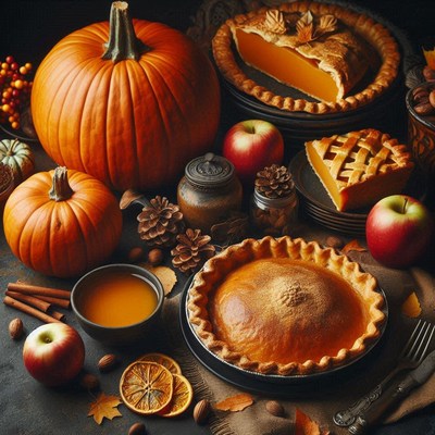Close-up of pumpkin pie and a slice behind it