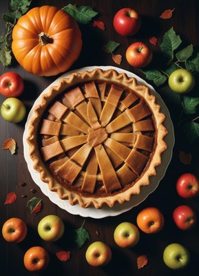 Apple pie surrounded by apples, pumpkins, and leaves