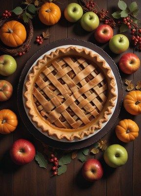 A delicious apple pie surrounded by autumn fruit
