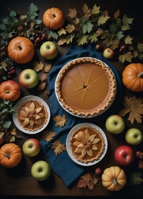 Delicious pumpkin pie on a table with apples