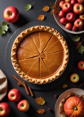 Pumpkin pie ready to serve with apples and cinnamon