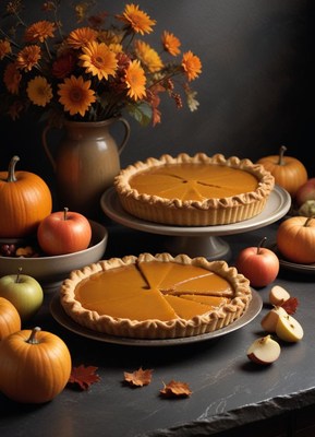Two pumpkin pies sit on a table with apples and pumpkins
