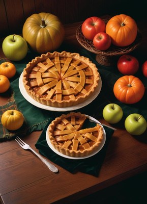 Apple pie awaits on a table with pumpkins and apples