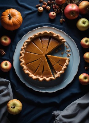 A sliced pumpkin pie sits on a blue table